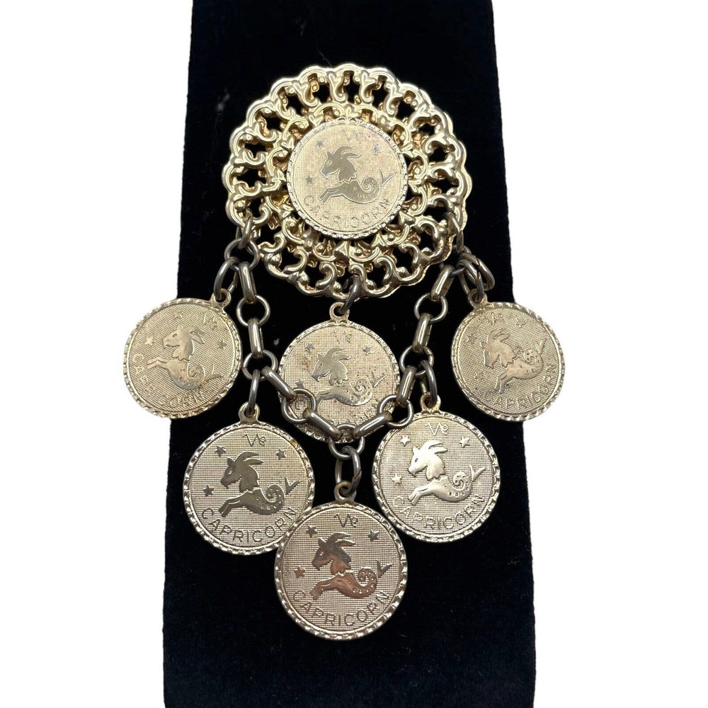 Vintage Estate Gold Tone Astrology Capricorn Estate Coin Medallion Dangle Brooch